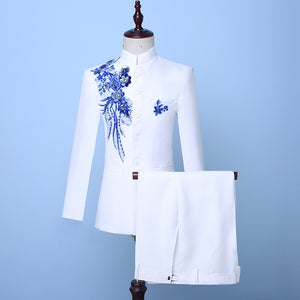 White Stand Collar Two-Piece Men's Jacket Suits Blue Sequin groom suit Costumes(Jacket+Pants)