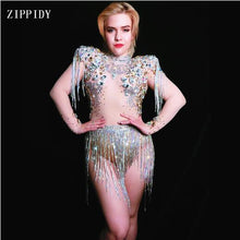 Load image into Gallery viewer, Shining Big Crystals Mesh Sexy Bodysuit Sparkly Rhinestones Chains Fringes Outfit Nightclub Party Wear See Through Costume