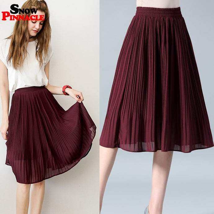 Women Chiffon Skirt Summer Thin Solid Pleated Midi Faldas Vintage Women Midi Skirt