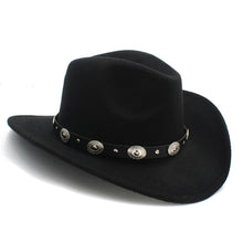 Load image into Gallery viewer, New Vintage Wool Western Cowboy Hat For Womem Men Wide Brim Cowgirl Jazz Cap With Leather Toca Sombrero Cap