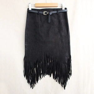 Women Pencil Knee-Length Knitting Cotton Tassel Fringe High Waist Asymmetrical skirts