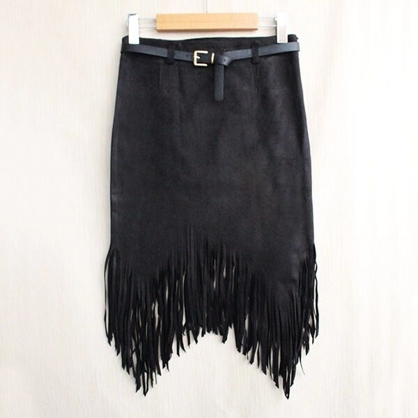 Women Pencil Knee-Length Knitting Cotton Tassel Fringe High Waist Asymmetrical skirts