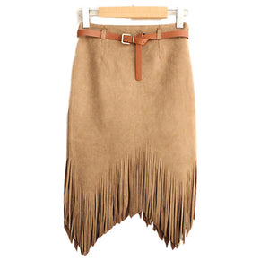 Women Pencil Knee-Length Knitting Cotton Tassel Fringe High Waist Asymmetrical skirts