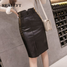Load image into Gallery viewer, Pencil Midi Skirts High Waist Black PU Leather Split Sheath Wrap Skirts with Belt Women