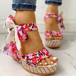 Women Summer Wedge Sandals Female Floral Bowknot Platform Bohemia High Heel Sandals Fashion Ankle Strap Open Toe Ladies Shoes