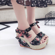 Load image into Gallery viewer, Women Summer Wedge Sandals Female Floral Bowknot Platform Bohemia High Heel Sandals Fashion Ankle Strap Open Toe Ladies Shoes