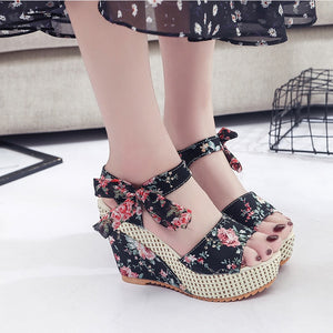 Women Summer Wedge Sandals Female Floral Bowknot Platform Bohemia High Heel Sandals Fashion Ankle Strap Open Toe Ladies Shoes