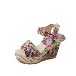 Women Summer Wedge Sandals Female Floral Bowknot Platform Bohemia High Heel Sandals Fashion Ankle Strap Open Toe Ladies Shoes