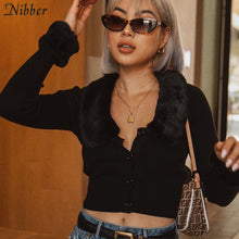 Load image into Gallery viewer, Black stretch Slim  knitting crop top woman Soft fur collar design shirt top coat