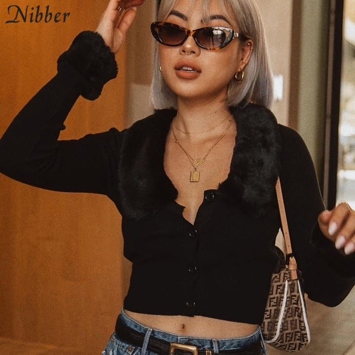 Black stretch Slim  knitting crop top woman Soft fur collar design shirt top coat