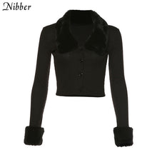 Load image into Gallery viewer, Black stretch Slim  knitting crop top woman Soft fur collar design shirt top coat