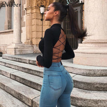 Load image into Gallery viewer, Backless hollow out Bandage top slim turtleneck t-shirt crop full sleeve tee