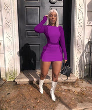 Load image into Gallery viewer, Echoine Autumn Long Sleeve Tops Patchwork Mini Skirt Set Purple Two Piece Set Sexy Skinny Women Tracksuit White Club Outfits