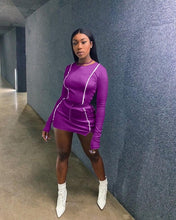 Load image into Gallery viewer, Echoine Autumn Long Sleeve Tops Patchwork Mini Skirt Set Purple Two Piece Set Sexy Skinny Women Tracksuit White Club Outfits