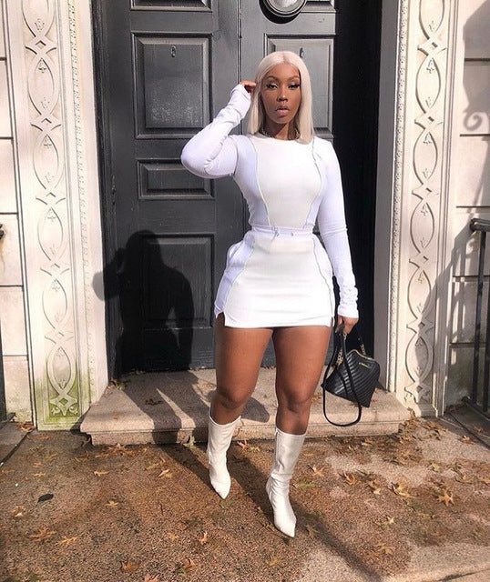 Echoine Autumn Long Sleeve Tops Patchwork Mini Skirt Set Purple Two Piece Set Sexy Skinny Women Tracksuit White Club Outfits