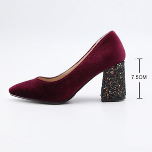 Women Pumps Velvet High Heels Ladies Shoes Elegant Pointed Toe Shallow Green Autumn Fashion Shoe