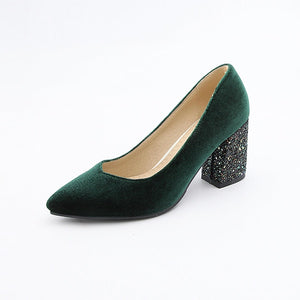 Women Pumps Velvet High Heels Ladies Shoes Elegant Pointed Toe Shallow Green Autumn Fashion Shoe