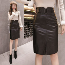 Load image into Gallery viewer, Pencil Midi Skirts High Waist Black PU Leather Split Sheath Wrap Skirts with Belt Women