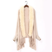 Load image into Gallery viewer, Women&#39;s Fake Fox Fur Coat Cashmere Sweater Poncho Gray Women Gray Long Thick Knitted tassel Cardigan Capes