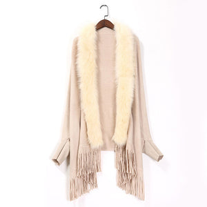 Women's Fake Fox Fur Coat Cashmere Sweater Poncho Gray Women Gray Long Thick Knitted tassel Cardigan Capes