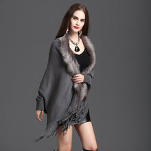 Load image into Gallery viewer, Women&#39;s Fake Fox Fur Coat Cashmere Sweater Poncho Gray Women Gray Long Thick Knitted tassel Cardigan Capes