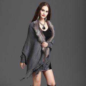 Women's Fake Fox Fur Coat Cashmere Sweater Poncho Gray Women Gray Long Thick Knitted tassel Cardigan Capes