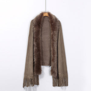 Women's Fake Fox Fur Coat Cashmere Sweater Poncho Gray Women Gray Long Thick Knitted tassel Cardigan Capes