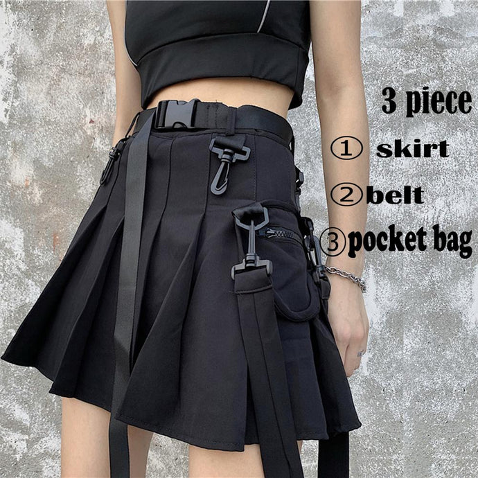 High Waist Belt Zipper Ribbon Pocket Pleated Mini Skirt Sexy