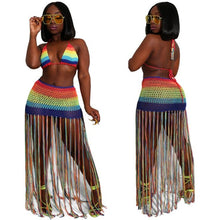 Load image into Gallery viewer, ANJAMANOR Rainbow Crochet Tassel Sexy 2 Piece Set Crop Top and Skirt Beach Party Club Birthday Outfits for Women D48-AC97