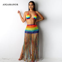 Load image into Gallery viewer, ANJAMANOR Rainbow Crochet Tassel Sexy 2 Piece Set Crop Top and Skirt Beach Party Club Birthday Outfits for Women D48-AC97