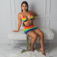 Load image into Gallery viewer, ANJAMANOR Rainbow Crochet Tassel Sexy 2 Piece Set Crop Top and Skirt Beach Party Club Birthday Outfits for Women D48-AC97