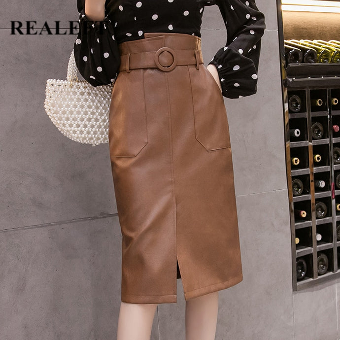Women Leather Sheath Midi Skirts High Waist Knee-Length Wrap Skirts with Pocket