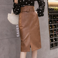 Load image into Gallery viewer, Women Leather Sheath Midi Skirts High Waist Knee-Length Wrap Skirts with Pocket