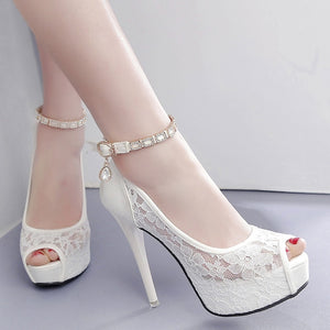 Lace Wedding Shoes Woman Peep Toe High Heels Women Shoes Platform Heels