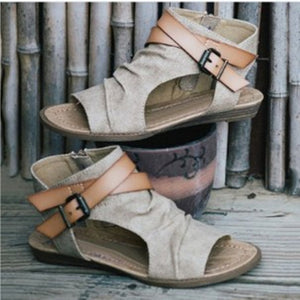 VTOTA Women Sandals Gladiator Peep Toe Buckle Zipper Design Roman Sandals Women Flat Summer Beach Ladies Shoes Chaussure Zapatos