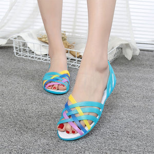 MCCKLE Women Jelly Shoes Rainbow Summer Sandals Female Flat Shoes Ladies Slip On Woman Candy Color Peep Toe Women's Beach Shoes