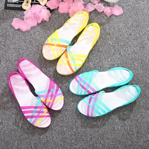 MCCKLE Women Jelly Shoes Rainbow Summer Sandals Female Flat Shoes Ladies Slip On Woman Candy Color Peep Toe Women's Beach Shoes