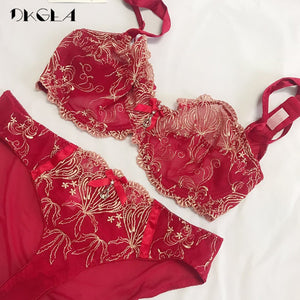 New Sexy Bra Panties Sets Plus Size Brassiere Ultrathin Underwear Set Transparent Bras Women Lace Lingerie Set Embroidery Brown