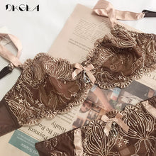 Load image into Gallery viewer, New Sexy Bra Panties Sets Plus Size Brassiere Ultrathin Underwear Set Transparent Bras Women Lace Lingerie Set Embroidery Brown