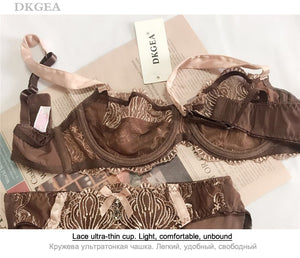 New Sexy Bra Panties Sets Plus Size Brassiere Ultrathin Underwear Set Transparent Bras Women Lace Lingerie Set Embroidery Brown