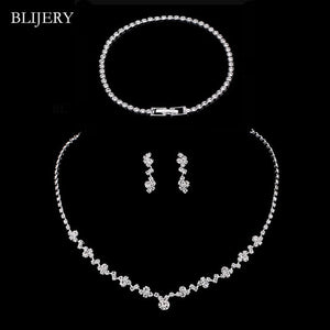 Crystal Bridal Jewelry Sets Silver Color Geometric Choker Necklace Earrings Bracelet Wedding Jewelry Sets