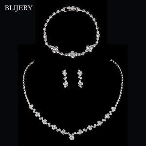 Crystal Bridal Jewelry Sets Silver Color Geometric Choker Necklace Earrings Bracelet Wedding Jewelry Sets