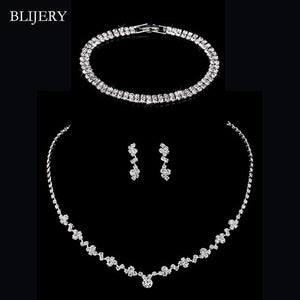 Crystal Bridal Jewelry Sets Silver Color Geometric Choker Necklace Earrings Bracelet Wedding Jewelry Sets