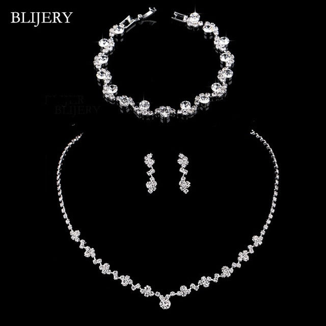 Crystal Bridal Jewelry Sets Silver Color Geometric Choker Necklace Earrings Bracelet Wedding Jewelry Sets