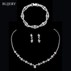 Crystal Bridal Jewelry Sets Silver Color Geometric Choker Necklace Earrings Bracelet Wedding Jewelry Sets