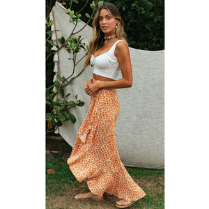 Fashion Trend Women Floral High Waist Ruffled Long Skirts Split Bandage Loose Boho Beach Summer Party Holiday Wrap Buttoms