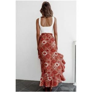 Fashion Trend Women Floral High Waist Ruffled Long Skirts Split Bandage Loose Boho Beach Summer Party Holiday Wrap Buttoms