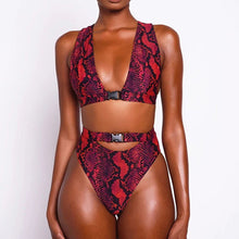 Load image into Gallery viewer, Buckle High Waist 2020 African Swimwear Red Snake Print Bathing Suit Brazilian Cut