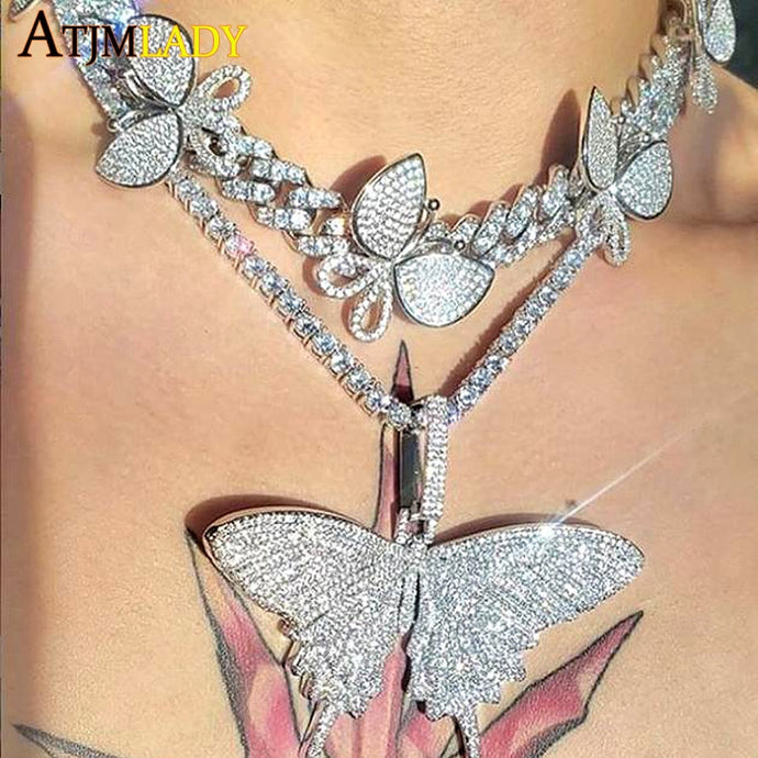 12mm Iced out Cuban Pink Butterfly Necklace Rose Gold Chain CZ Luxury Necklace Bling Bling Hip Hop Jewelry For Men Women Gift