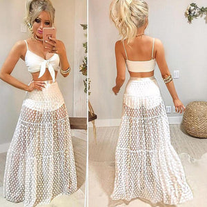 Women High Waist Sheer Retro Polka Dot Long Skirts Summer Beach Sundress